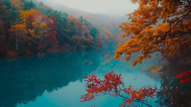 A stunning ultra 4k, 8k colorful background featuring a serene lake surrounded by autumn foliage, with vibrant hues of red, orange, and yellow, captured with remarkable clarity by an HD camera.
