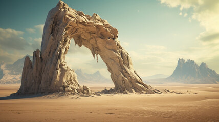 A surreal rock formation rising out of a vast desert landscape. - obrazy, fototapety, plakaty
