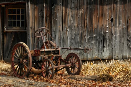 An old wooden wagon is parked in front of a rustic barn, showcasing vintage farm equipment