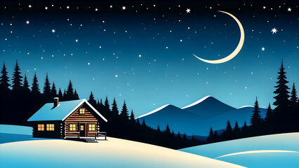 vector illustration of a snowy landscape with a cabin in a night sky with a moon and stars