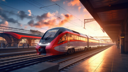 Shinkansen, Train station with motion blur effect, red high speed train on the railway station and colorful sky with clouds at sunset - obrazy, fototapety, plakaty