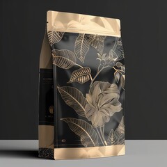 A coffee paper bag on a clean white and gray background. coffee paper bag Mockup.