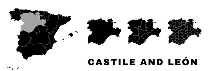 Castile and Leon map, autonomous community in Spain. Spanish administrative regions and municipalities.