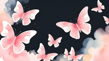 Watercolor pink pastel soft color butterflies with dark background