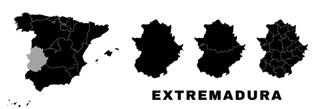 Extremadura map, autonomous community in Spain. Spanish administrative regions and municipalities.
