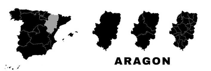 Aragon map, autonomous community in Spain. Spanish administrative regions and municipalities. - obrazy, fototapety, plakaty