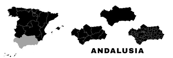 Andalusia map, autonomous community in Spain. Spanish administrative regions and municipalities. - obrazy, fototapety, plakaty