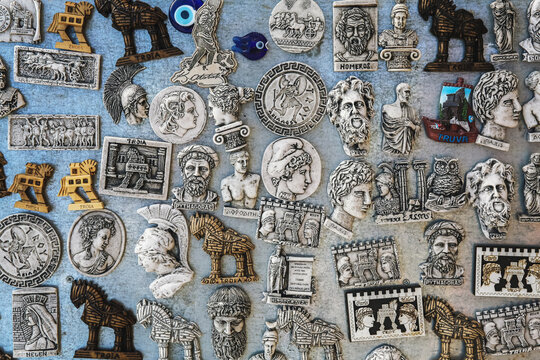 Assortment of Troy-themed magnets, showcasing Greek history and mythology, popular travel souvenirs. Tevfikiye, Canakkale, Turkiye (Turkey)