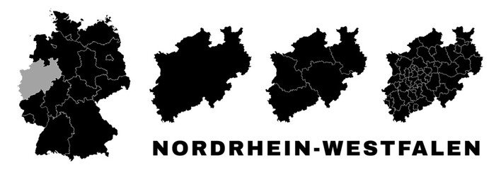 North Rhine-Westphalia map, German state. Germany administrative regions and boroughs, amt, municipalities. - obrazy, fototapety, plakaty