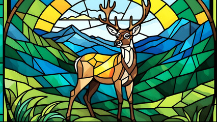 A deer in the mountains stained glass design vector art