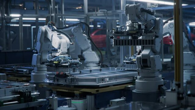 Automated Lithium-Ion EV Battery Pack for Automotive Industry Manufacturing Line with White Robotic Arms. Electric Car Assembly Smart Factory. Production Line with Robot Arms