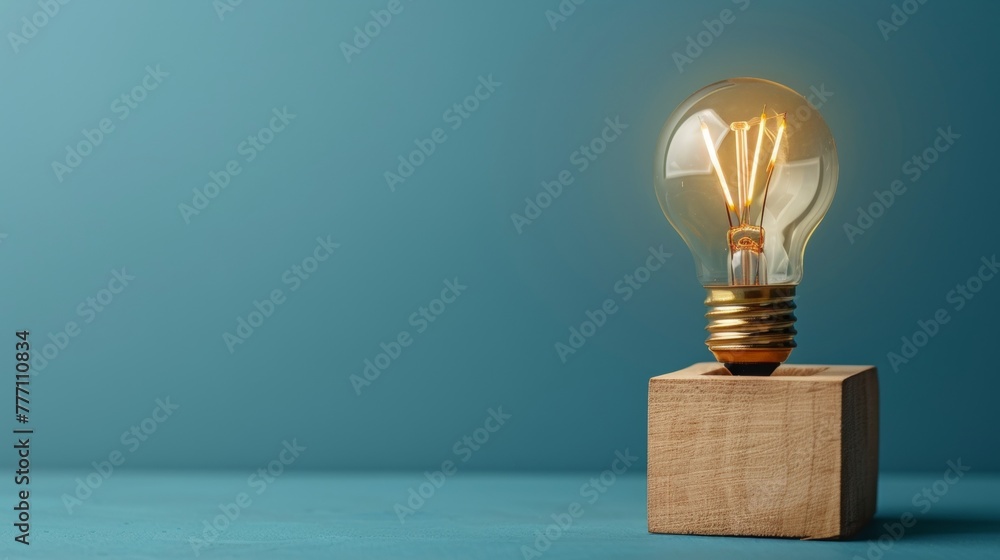 Aufkleber illuminated light bulb on block with ample space for text placement on plain colored background