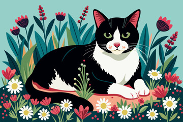 black and white cat laying in a field of flowers vectors
