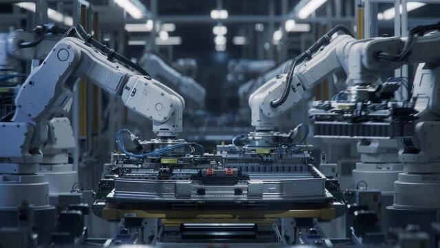 Front view of Automated Manufacturing Line with White Robotic Arms. Lithium-Ion EV Battery Pack for Automotive Industry Assembly Process. Electric Car Smart Factory. Production Line with Robot Arms