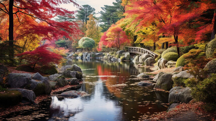 A tranquil pond surrounded by colorful autumn foliage.