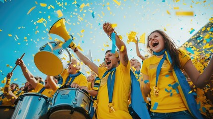 A joyful event filled with entertainment as a group of people hold membranophone instruments, drums, and confetti at the stadium. AIG41