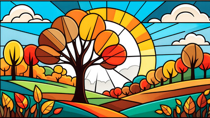 colorful stained glass autumn landscape with trees, leaves and flowers