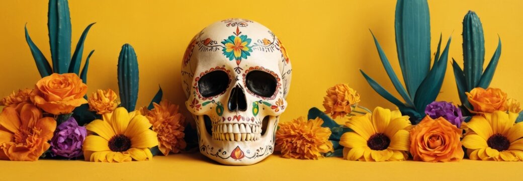 Cinco de Mayo or Dia de Muertos, Traditional Mexican Day of the Dead sugar skull with sombrero, Holiday background ,Victory Day at Pueblo in Mexico. design, poster, wide banner, copy space