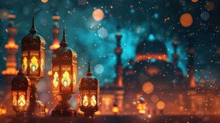 Festive illustration of Eid with mosques and minarets under a twinkling starry sky and glowing bokeh - obrazy, fototapety, plakaty