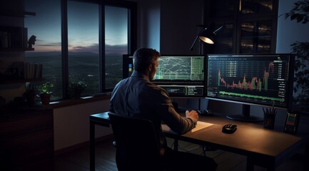 A young man in a suit is working on a table and looking at investment graphs, playing stocks, watching graphs on a computer screen. Generative AI.