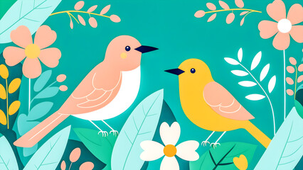 cute spring background with birds, flowers, and leaves, Vector illustration
