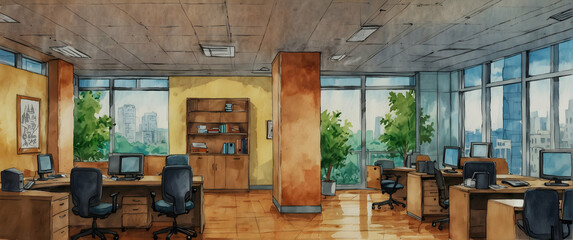 for advertisement and banner as Corporate Canvas A corporate office scene that reflects ambition and drive in watercolor. in watercolor office room theme ,Full depth of field, high quality ,include co