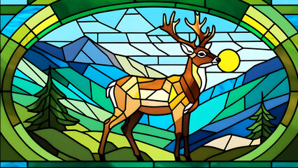 deer in the mountains stained glass design vector art
