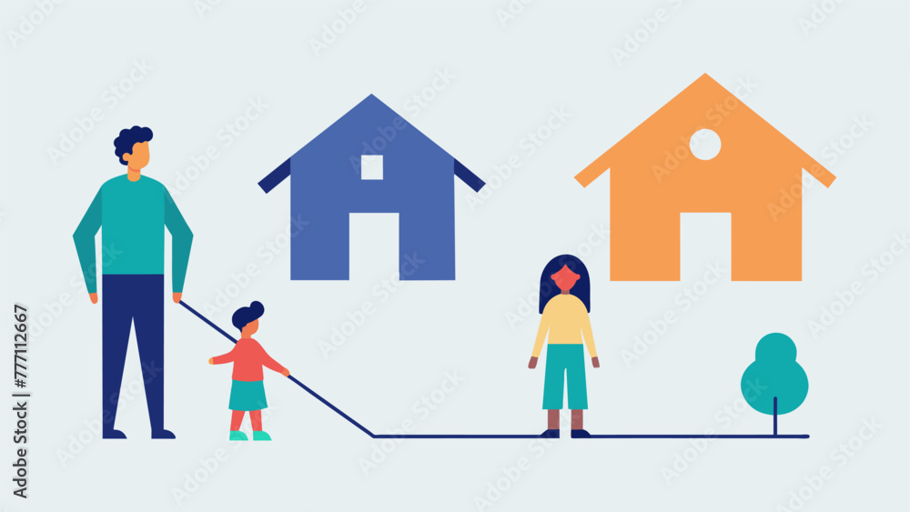 Poster a child drawing a picture of two separate houses with a line in between while the parents watch and 