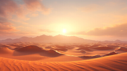 A vast desert landscape with towering sand dunes stretching into the horizon.
