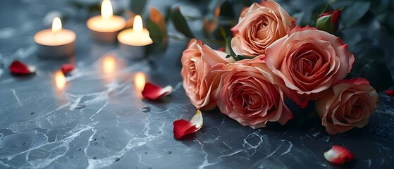 Rose bouquet on marble with candles evokes mourning and condolence. Concept Condolences, Mourning, Rose Bouquet, Marble, Candles - obrazy, fototapety, plakaty
