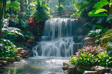 Serene Oasis A Waterfall Amidst Lush Tropical Plants Generative AI