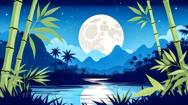 flat vector illustration of a jungle landscape with bamboo and a moon