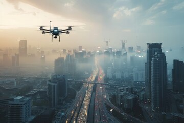A cityscape featuring futuristic architecture with a large flying object hovering in the sky among autonomous drones and robots - obrazy, fototapety, plakaty