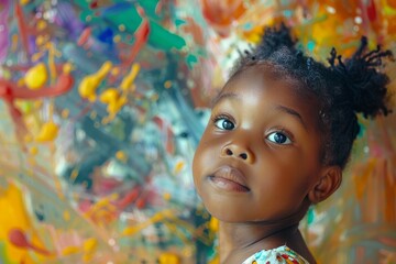 An African American child stands in front of a colorful painting, showing interest and admiration for the artwork - obrazy, fototapety, plakaty