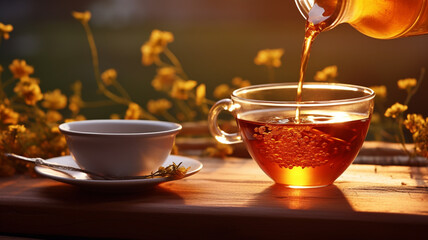 Hot tea is poured into a white bowl of herbal tea on the table at sunrise - obrazy, fototapety, plakaty