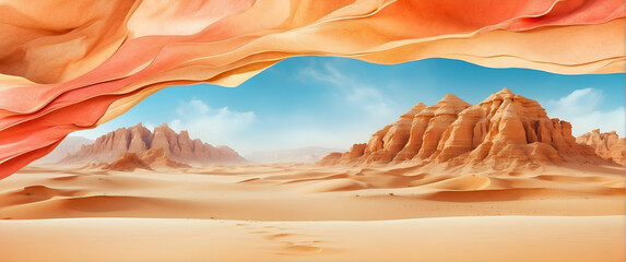 for advertisement and banner as Desert Mirage Watercolor illusions of a desert mirage with shifting sands. in watercolor landscape theme theme ,Full depth of field, high quality ,include copy space on