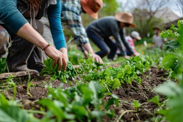 A diverse group of individuals engaged in various gardening activities such as planting, watering, and weeding in a communal garden setting - obrazy, fototapety, plakaty