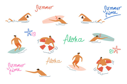 Summertime vector illustration, aloha illustration, flat people character, people relaxing and swimming together in the sea, summer swim hobbies 