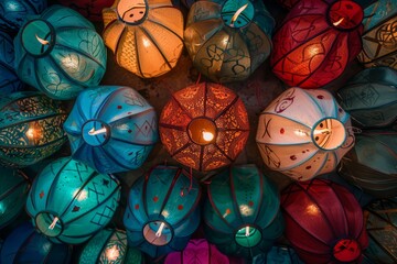 Collection of lit Ramadan lanterns creating a vibrant display of light and color, showcasing a festive atmosphere