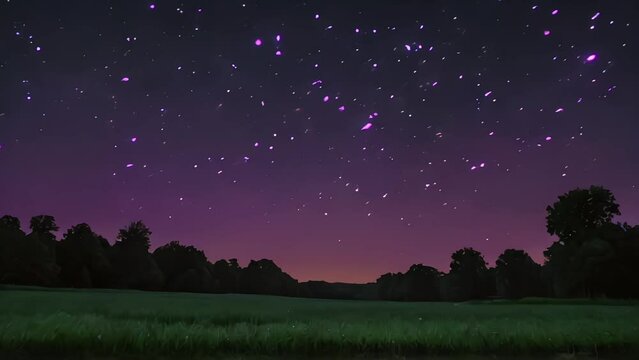Glowing fireflies fly on purple sky at night 