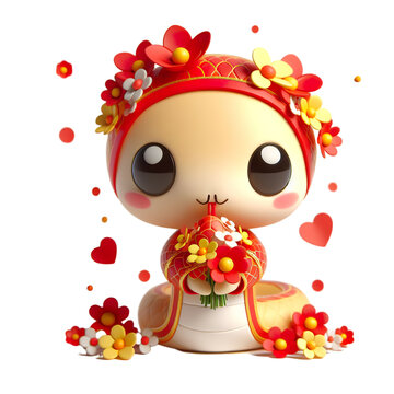 Cute character 3D image concept art of a cute chinese snake. Red and yellow color scheme lunar new year ,flowers, white background isolated PNG