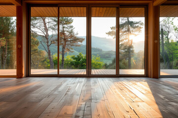 A clean, modern wooden empty space with frameless glass door, with nature view