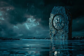 Reflection in a digital ocean, ancient stone clock facing an emerging digital evil, stark contrast, night, closeup, eerie - obrazy, fototapety, plakaty