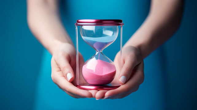 Woman's hand holding an hourglass on blue and pink background