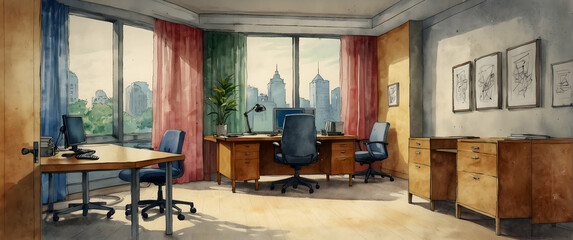 for advertisement and banner as Design Dynamics An office space where design and function meet illustrated in watercolor. in watercolor office room theme ,Full depth of field, high quality ,include co