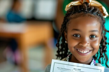 An African American child proudly holding a cheque, symbolizing educational success and achievement