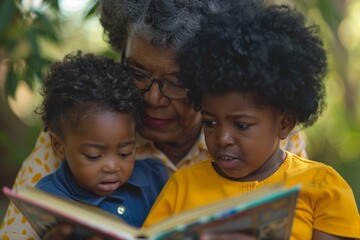 An African American woman sits with two children, reading a book aloud to them, fostering a sense of closeness and learning