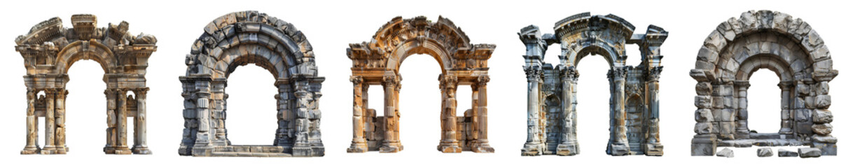 Naklejka premium Ancient roman arch set PNG. Ancient Greek arch of triumph PNG. Ancient Greek architecture including he Doric order, the Ionic order, and the Corinthian order PNG