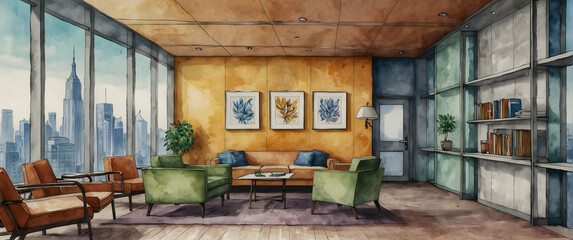for advertisement and banner as Design Dynamics An office space where design and function meet illustrated in watercolor. in watercolor office room theme ,Full depth of field, high quality ,include co