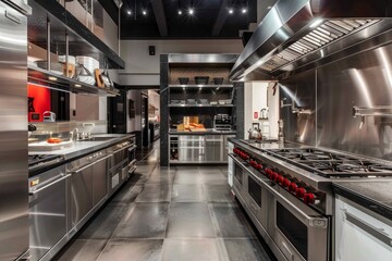 A contemporary kitchen featuring stainless steel appliances, countertops, and sleek design elements